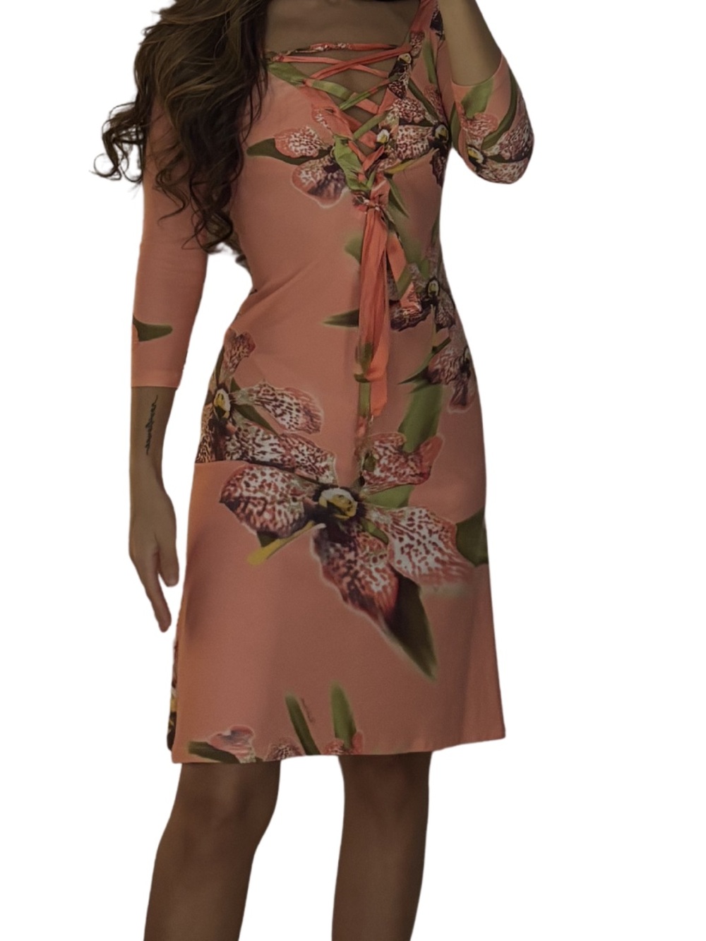 Roberto Cavalli SS2004 Orchid Print Lace Up Dress